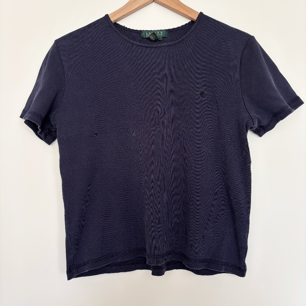 Lauren Ralph Lauren Ribbed Crew Neck T-Shirt in Soft Navy with Embroidered Logo